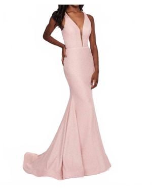 Rachel Allan V-Neck Fitted Crinckled Foil Jersey Evening Gown - Pink