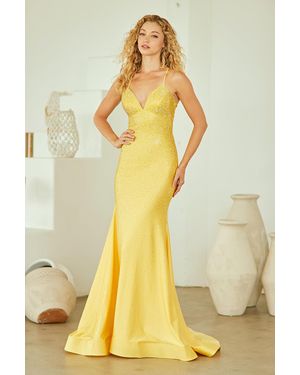 TRUEDAMES Elegant Rhinestone Embellished Mermaid Gown With Lace-Up Back - Yellow