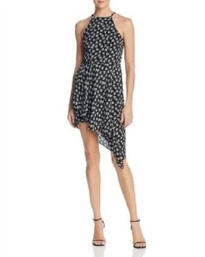 Aqua Floral Print Halter Crepe Asymmetrical Hem Mini Dress - Black