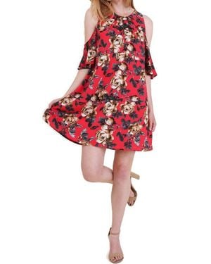 Umgee Floral Cold Shoulder Dress - Red