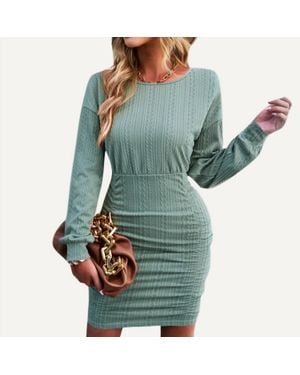 The Moment Collection Flirty Textured Round Neck Long Sleeve Bodycon Mini Dress - Blue