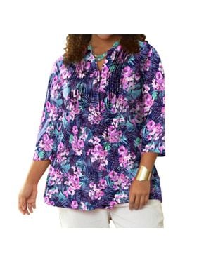 On The Plus Side Printed Pleated 3/4 Sleeve Mandarin Collar Tunic - Purple