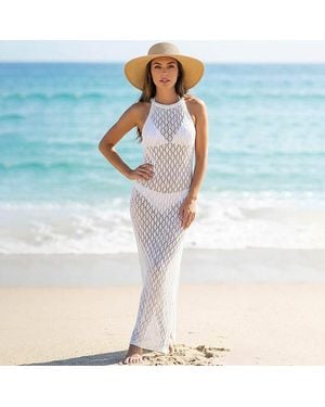 TRUEDAMES Halter Neck Crochet Mesh Beach Cover Up Maxi Dress - Blue