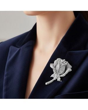 Fashnzfab Rhinestone Embellished Rose Flower Stem Pin Brooch - Blue
