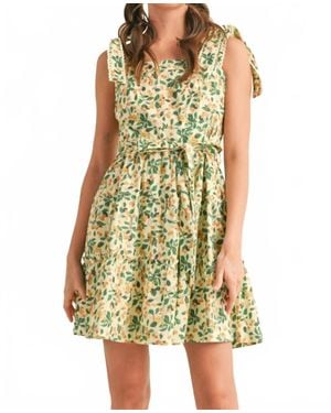 ..,merci Cherries Crochet Lace Trim Tie Strap Tiered Mini Dress - Yellow