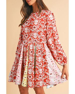 TRUEDAMES Colorful Floral Patchwork Long Sleeve Pleated Mini Dress - Red