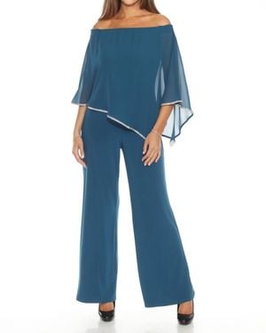 Joseph Ribkoff Embellished Off-Shoulder Chiffon Overlay Jumpsuit - Blue
