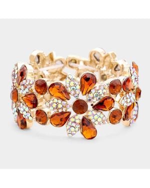 Fashnzfab Teardrop Stone Accented Flower Stretch Evening Bracelet - Orange