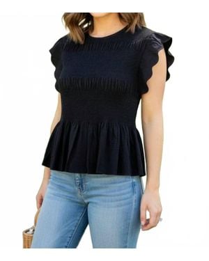 Umgee Linen Blend Scalloped Sleeve Smocked Top - Black
