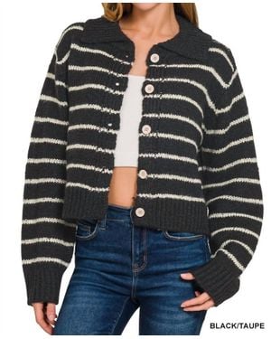 Zenana Striped Button Down Collar Sweater - Black