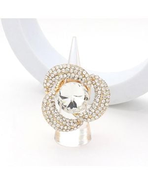 Fashnzfab Round Stone Centered Rhinestone Paved Flower Stretch Ring - Metallic