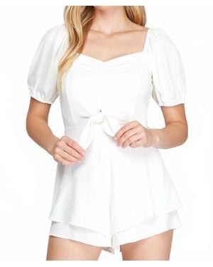 She + Sky Short Puff Sleeve Layered Romper With Shirred Front - White