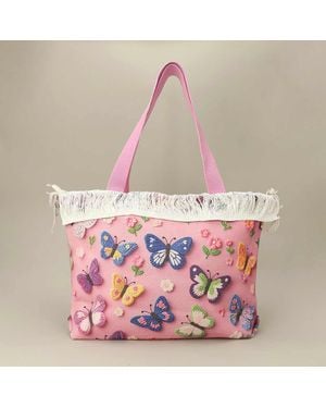 Fashnzfab Butterfly Pattern Print Large Woven Frayed Shoulder Tote Bag - Pink