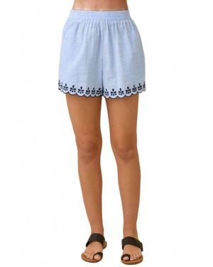 Main Strip Deena Striped Shorts With Scallop Embroidered Hem Detail - Blue