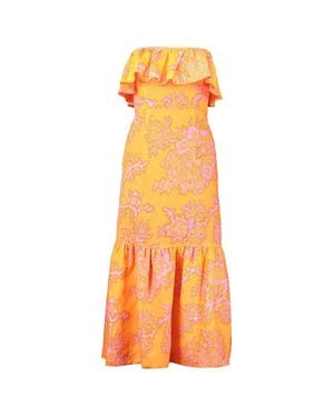 RHODE Thea Coral Reef Grande Ruffle Trim Halter Midi Dress - Orange
