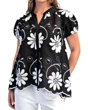 Gigio Floral Appliqué And Embroidered V-Neck Top - Black