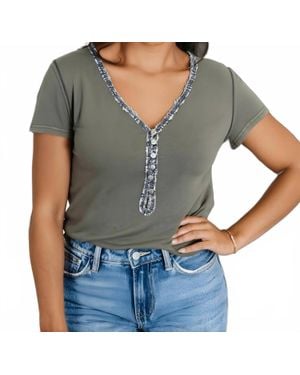 Pol Lace Trim Button Up Short Sleeve Top - Gray
