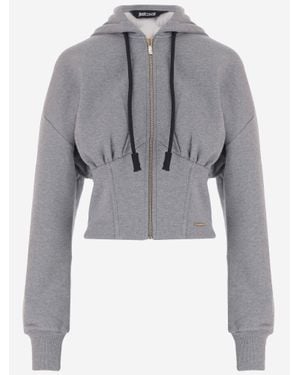 Just Cavalli Cotton Sweatshirt With Zip Closure And Gathered Waist Detail - Gray