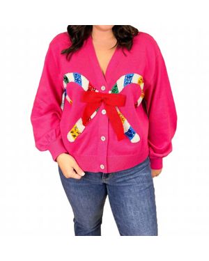 Queen Of Sparkles Candy Cane And Bow Cardigan - Red