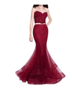 Blush Prom Tulle Lace Mermaid Two Piece Gown - Red
