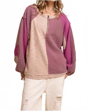 Blue Velvet Relaxed Fit Multi Media Fabric Mixed Knit Color Block Top - Red