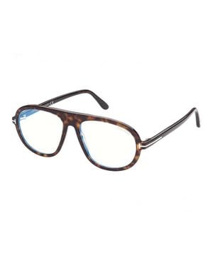 Tom Ford Eyeglasses Aviator Full Rim, Dark Havana Frame And Clear Light Block Lens Ft5319020 - Metallic
