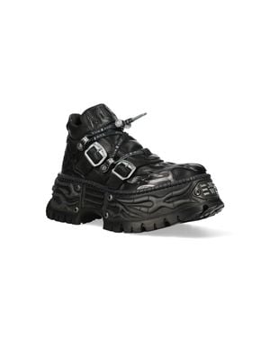 New Rock Leather Gothic Biker Platform Ankle Boots - Black