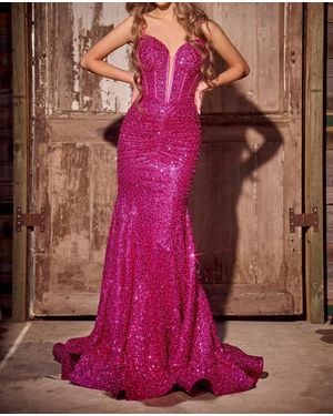 Portia and Scarlett Plunged Neckline Evening Gown - Pink