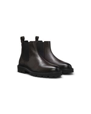 BOSS Grained Leather Boots With Elastic Side Panels - Black