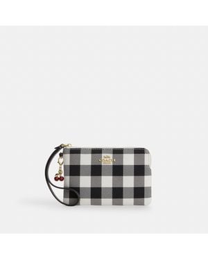 COACH Corner Zip Wristlet With Gingham Print And Charm - Black