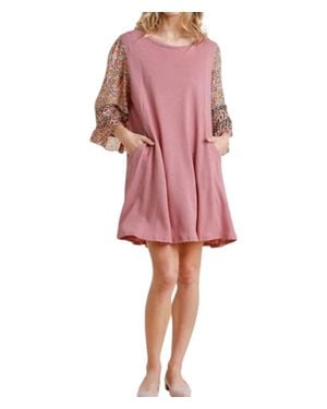 Umgee Mixed Print Bell Sleeve Dress - Pink