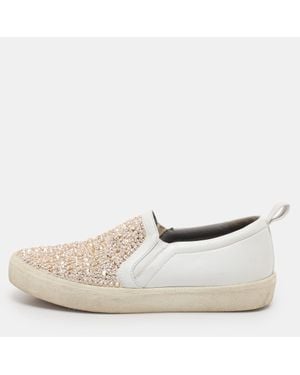 Gina Leather And Satin Crystal Embellished Slip On Sneakers - White