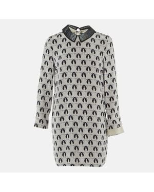 Victoria Beckham Printed Shimmer Detachable Collar Silk Dress - Gray