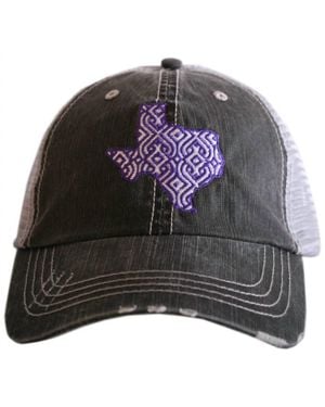 Katydid Ikat Texas Embroidered Distressed Trucker Hat - Gray