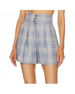 Veronica Beard Alicia Plaid High Rise Wool Linen Blend Shorts - Blue