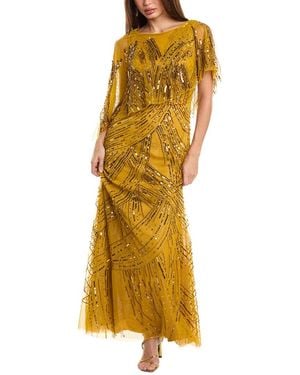 THEIA Beaded Mesh Shawl Gown - Yellow
