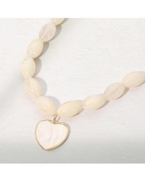 Fashnzfab Mother Of Pearl Heart Plate Pendant Chunky Beaded Statement Necklace - Natural