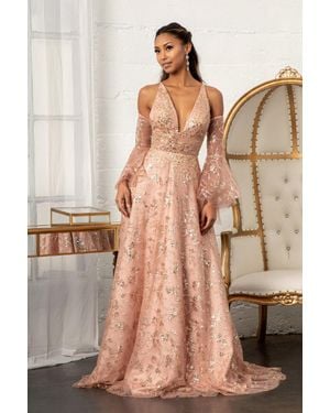 TRUEDAMES Detachable Long Sleeves Floral Formal Gown - Multicolor