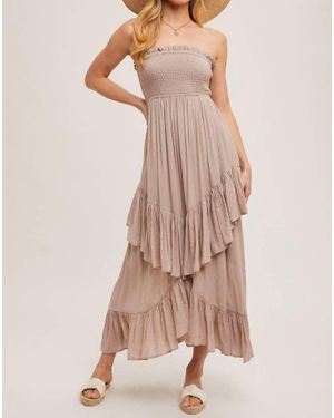 Bluivy Boho Smocked Strapless Tiered Ruffle Midi Dress - Pink