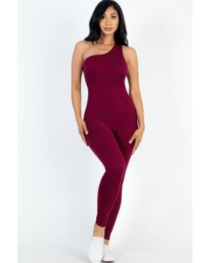 TRUEDAMES Solid Color One Shoulder Jumpsuit - Red