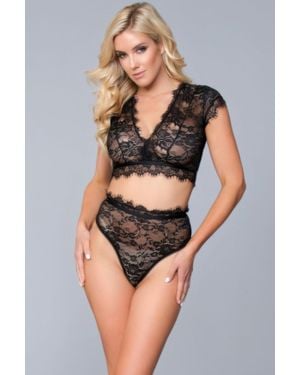 TRUEDAMES Kayla Two-Piece Sheer Floral Lace Lingerie Set - Black