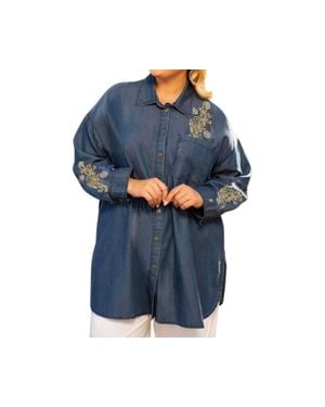On The Plus Side Embroidered Long Sleeve Oversize Tunic - Blue