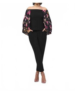 Joseph Ribkoff Solace Silky Knit Off The Shoulder Top With Pleated Georgette Cape - Black