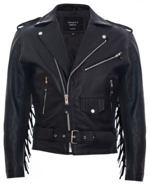 Infinity Leather Fringe Hide Leather Brando Tasseled Motorcycle Biker Jacket - Black