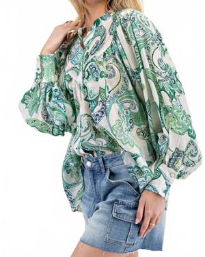 Eesome Paisley Printed Bubble Sleeve Top - Blue