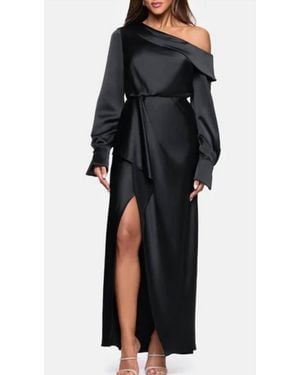 Xscape Satin Off Shoulder Long Sleeve Maxi Dress - Black