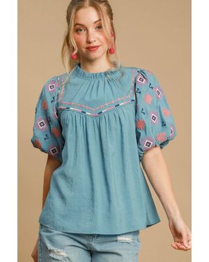 TRUEDAMES Full Size Embroidered Puff Sleeve Mock Neck Top Plus Size - Blue