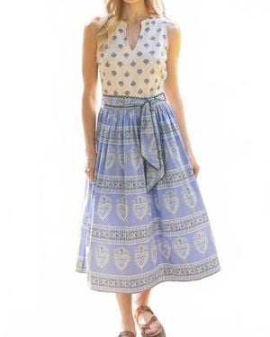Voya Mixed Print Waist Tie Sleeveless Midi Dress - Blue