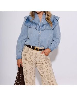 Eesome Snow Washed Denim Ruffle Top - Blue