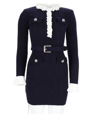 Self-Portrait Ruffled Trim Ribbed Knit Mini Dress - Blue